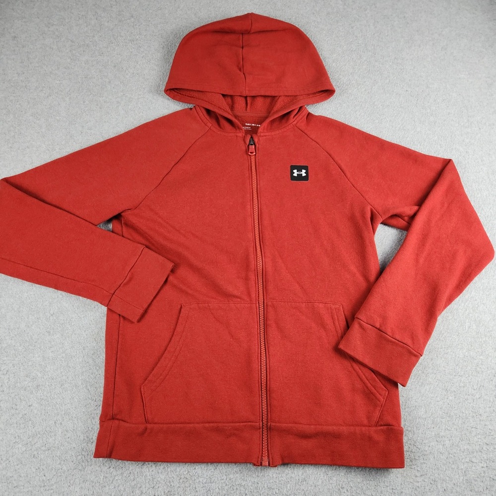 Under Armour Hoodie Boys Youth Large Red Fleece Lined Loose Fit Logo Full Zipper